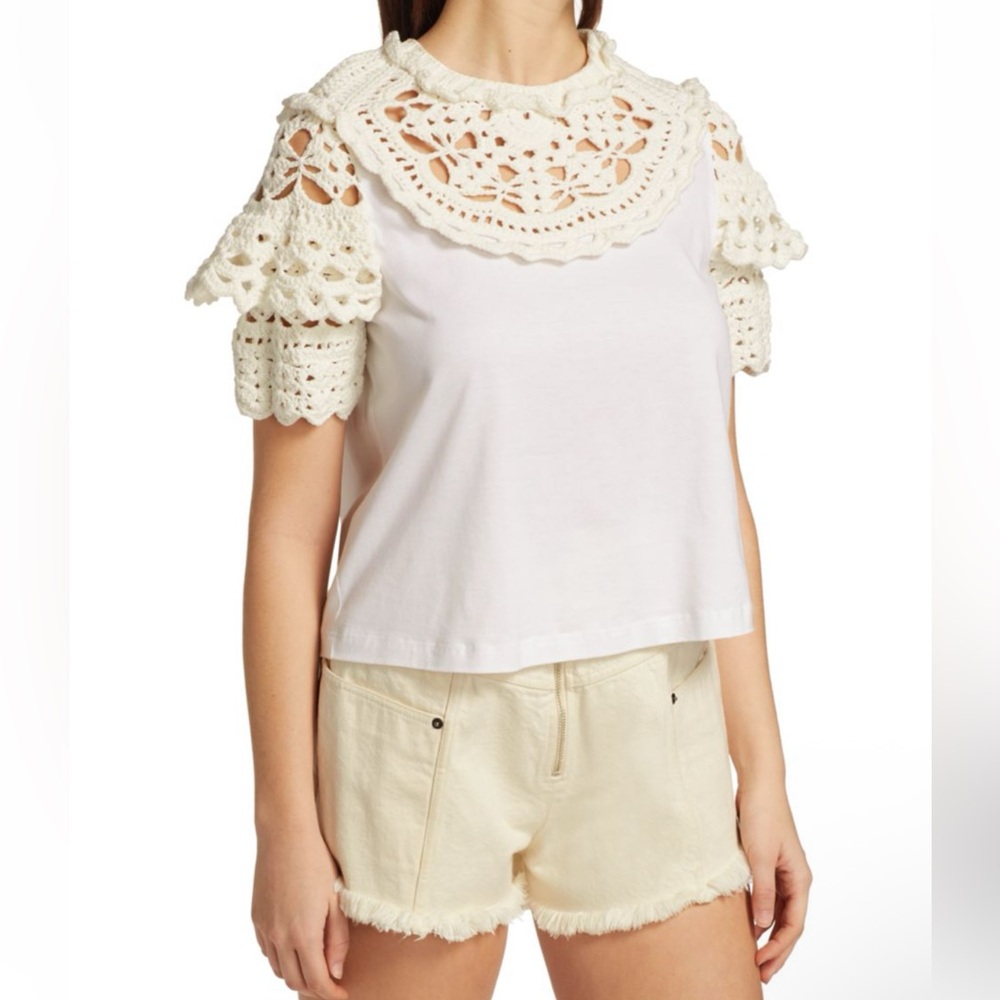 Sea New York White Cleo Crochet Combo Puff Sleeves T-Shirt Size XS